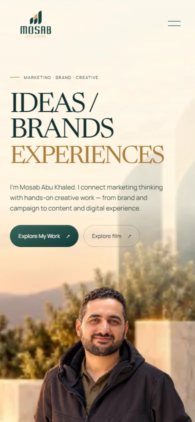 The MOSAB portfolio homepage adapted for a mobile screen.