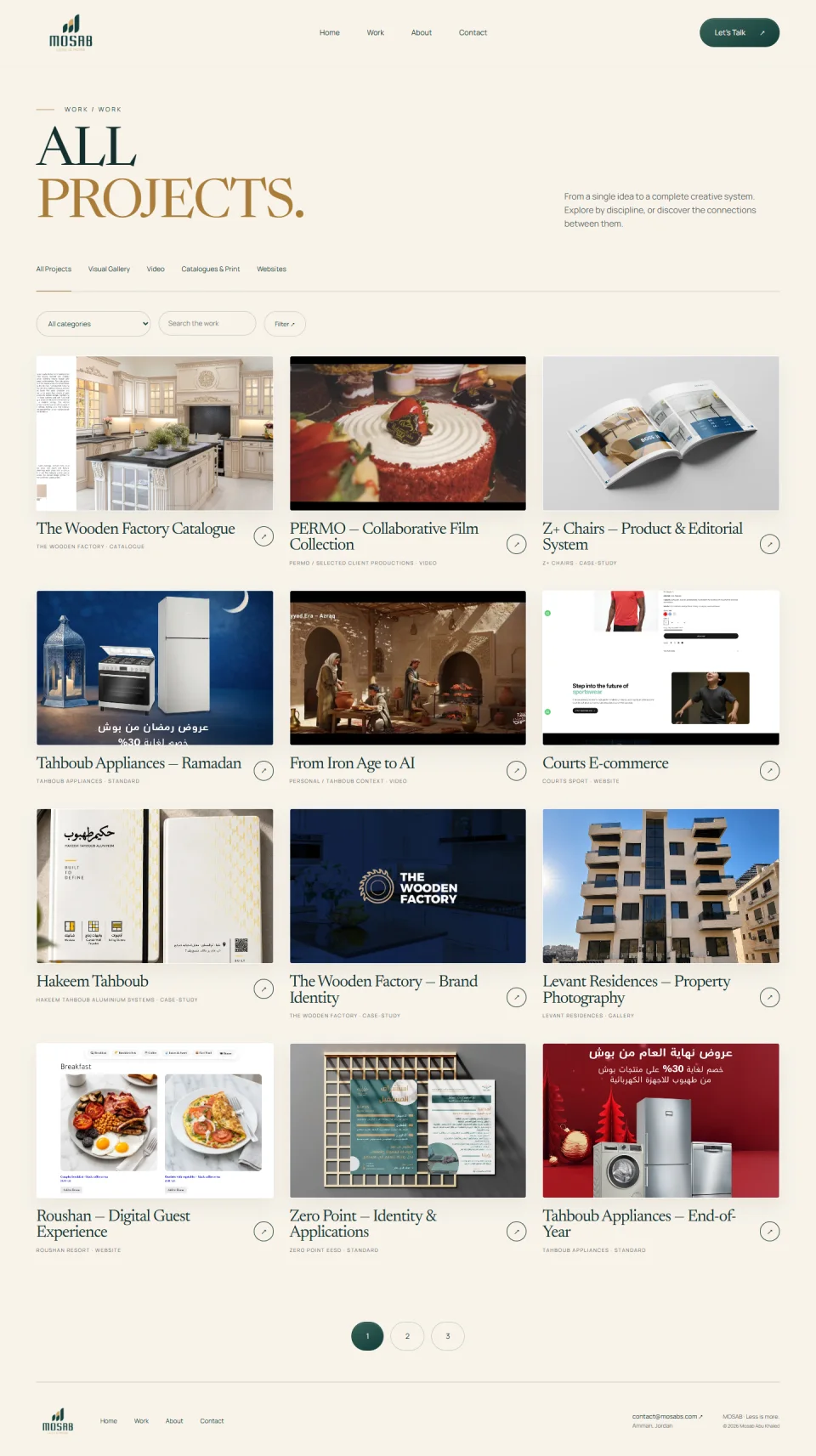 The all-projects view of the MOSAB portfolio, showing category browsing and a broad work library.