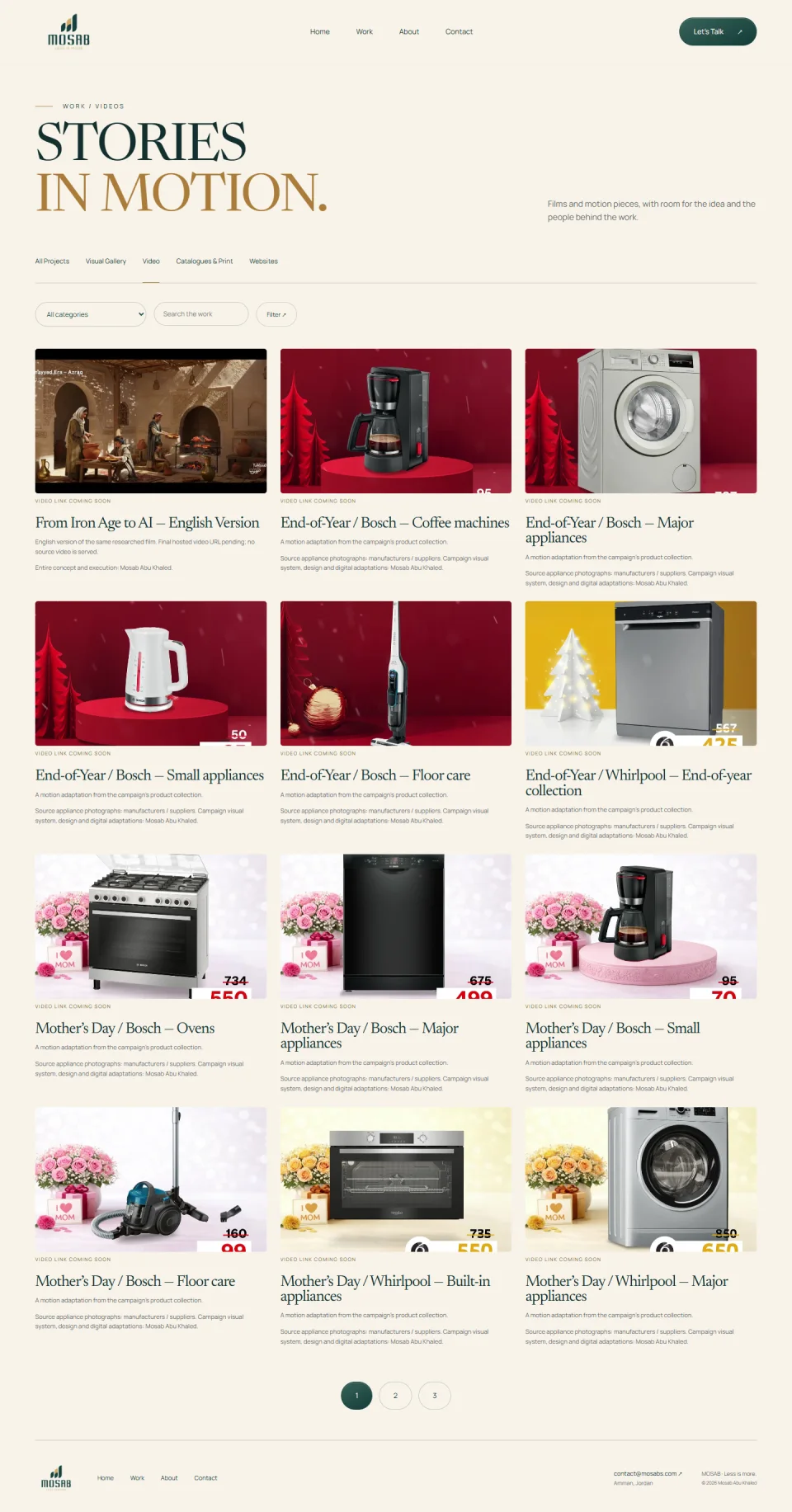 The video collection in the MOSAB portfolio, with categorized films and posters.