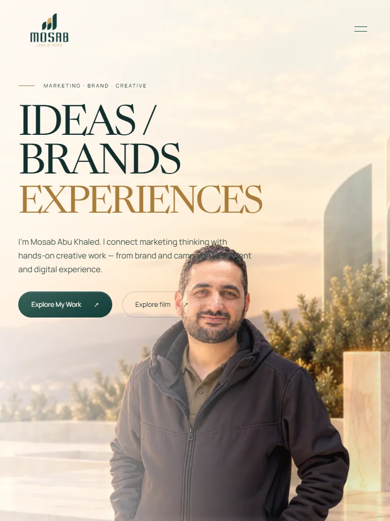 The MOSAB portfolio homepage adapted for a tablet-width screen.